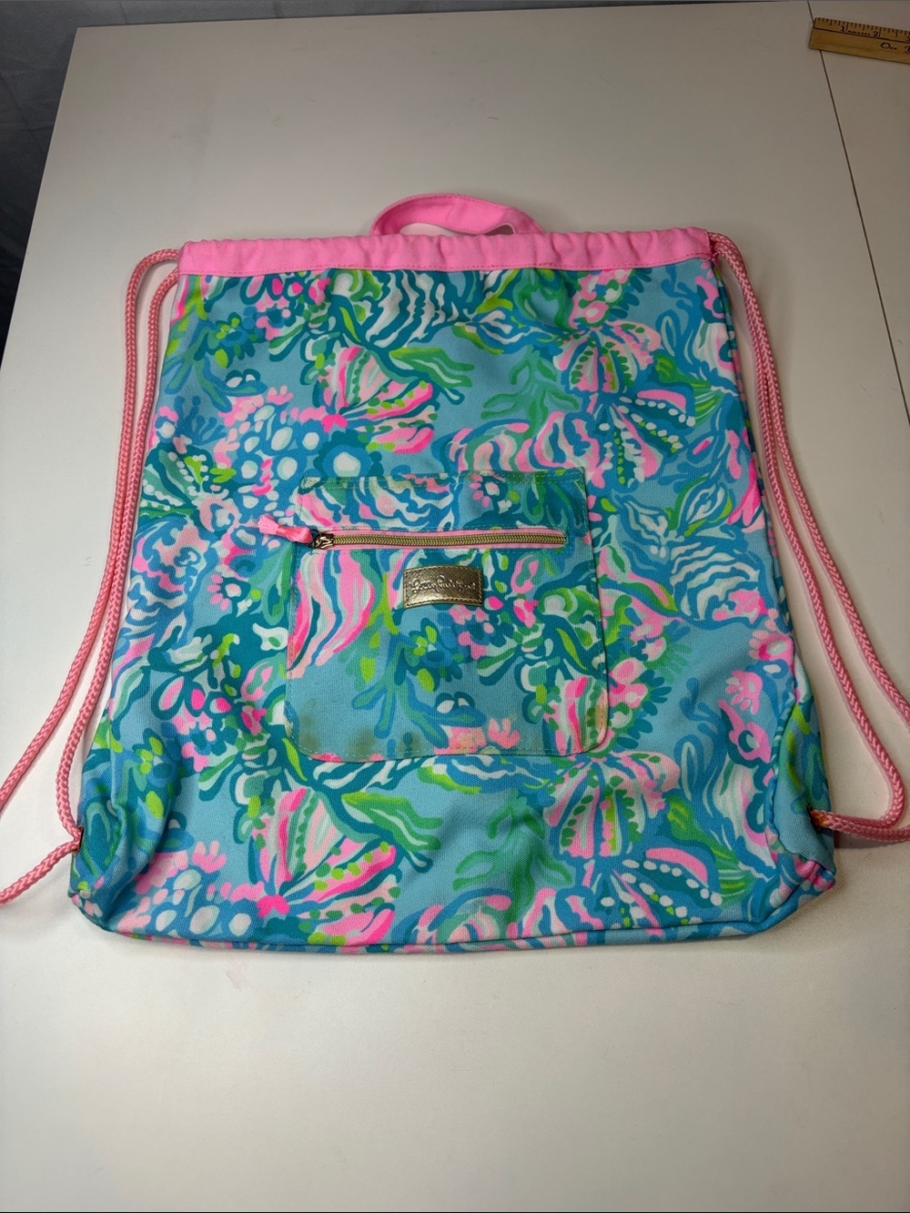 Lilly Pulitzer Blue Pink Tropical Drawstring Backpack Book Bag with handles
